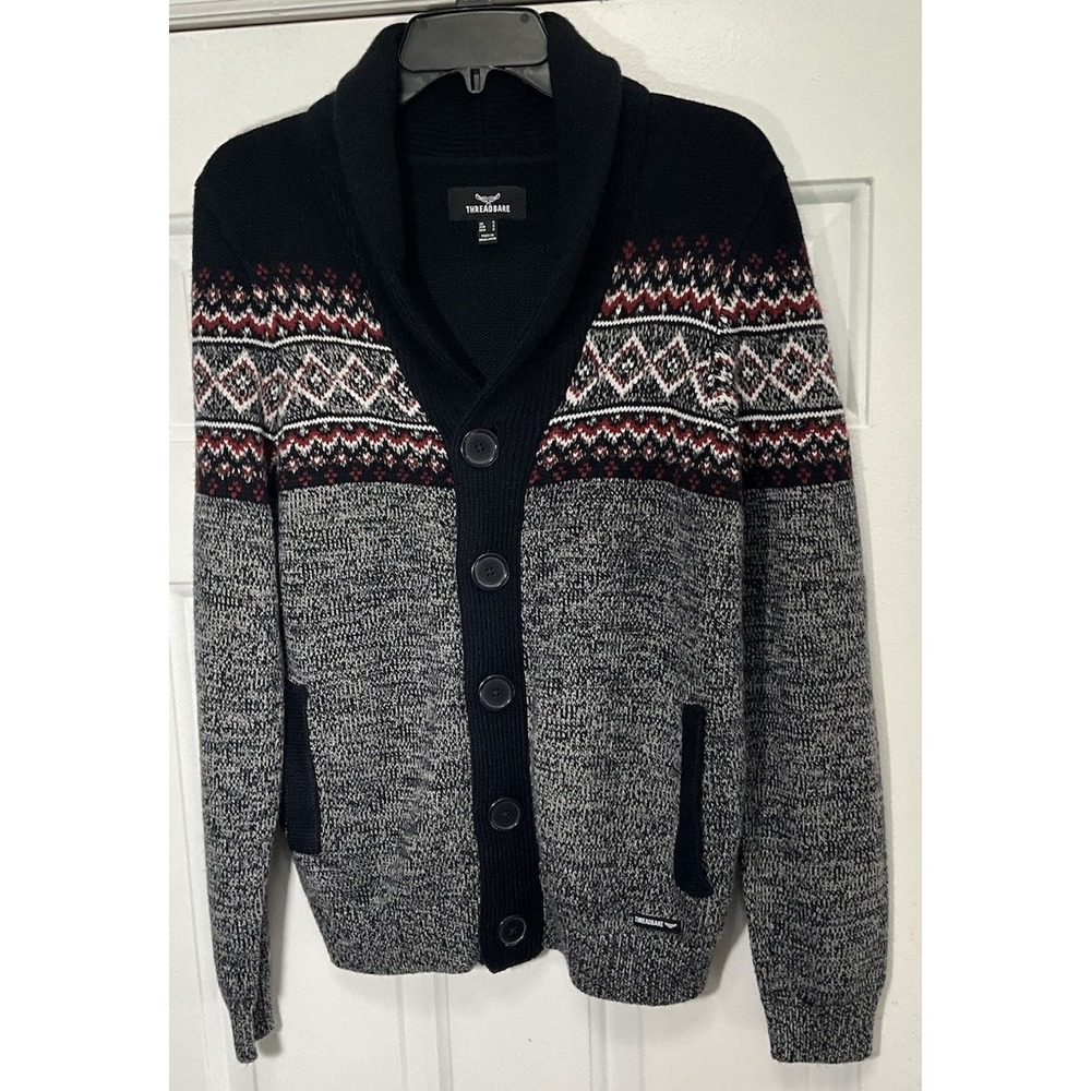 Threadbare Blue/Gray Big Button Knitted Cardigan Pockets Men's Small